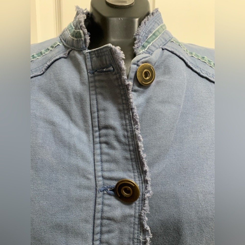 Denim Blue Size Small Lined Nikita Jacket Funnel Collar frayed hem Velour Piping - Picture 2 of 14